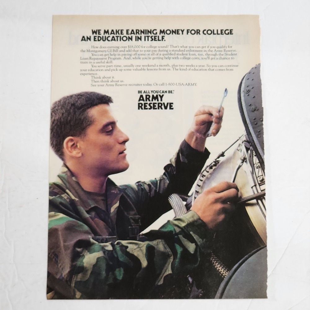 Vintage 1990 Army Reserve Print Ad Montgomery GI Bill Clipping 8x10 Original